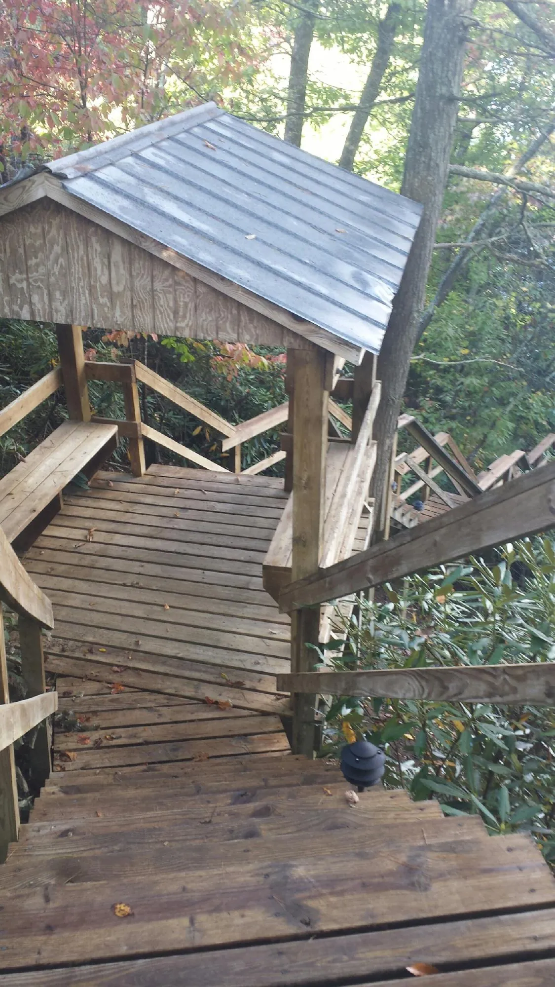 Metal roofed shelter over wooden steps on a wooded walkway — Skylight Repair & Installation work by our crew in Lennon